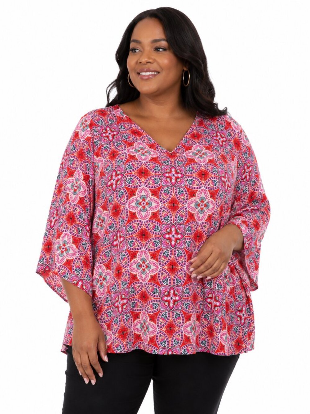 Belle by Kim Gravel Women’s 2X Printed Tunic Blouse Pink Red Boho Geometric Top